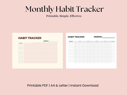 Monthly Habit Tracker Printable PDF, 2 Printable Designs, (US Letter & A4)
