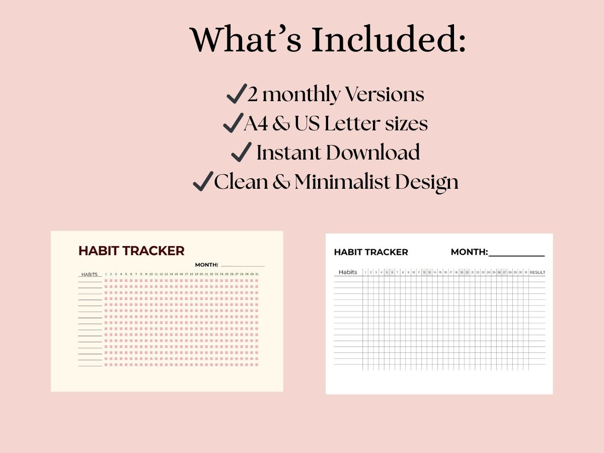 Monthly Habit Tracker Printable PDF, 2 Printable Designs, (US Letter & A4)