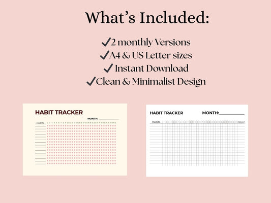 Monthly Habit Tracker Printable PDF, 2 Printable Designs, (US Letter & A4)
